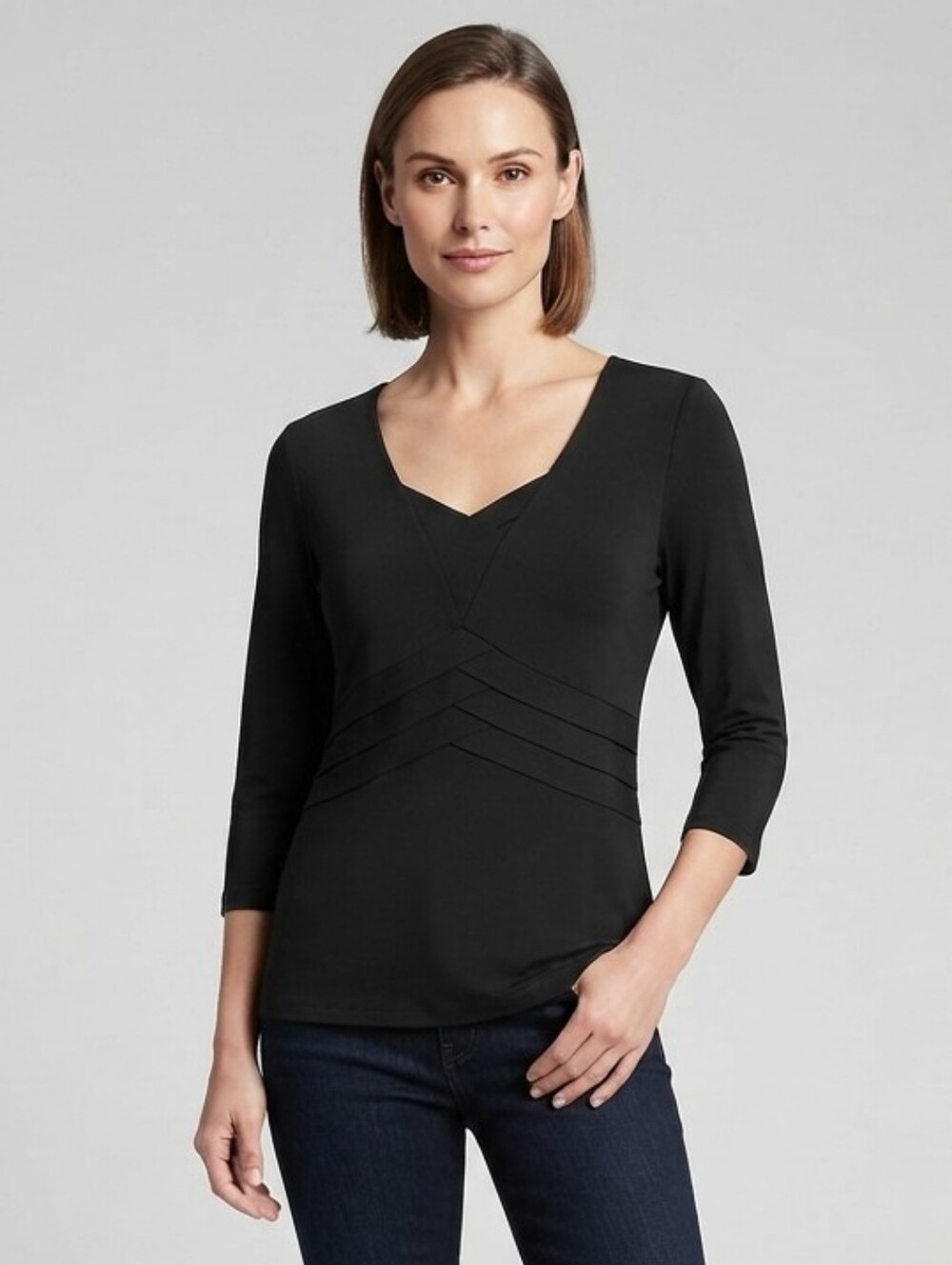 Tribal S Stretch 3/4 Sleeve Black Sweetheart Neckline Pleated Midriff Shirt
